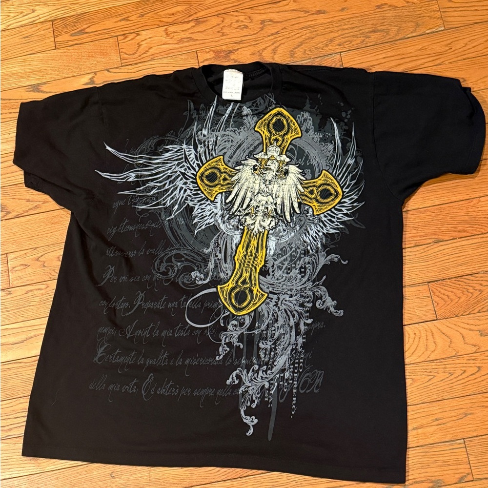 Men's Black Graphic T-Shirt with Gold Cross Design